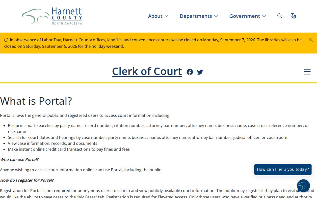 Harnett County case lookup record search information from the Clerk Portal