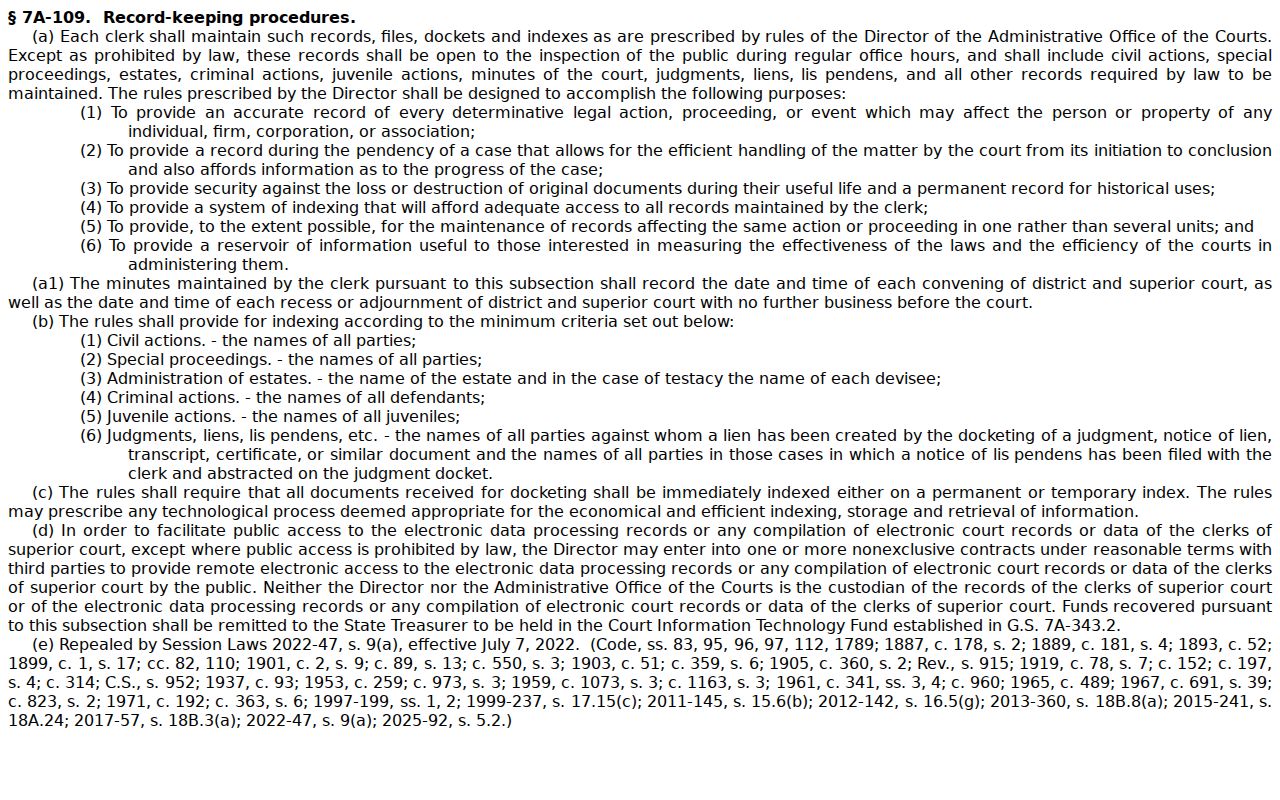 Harnett County civil docket search North Carolina court record access law