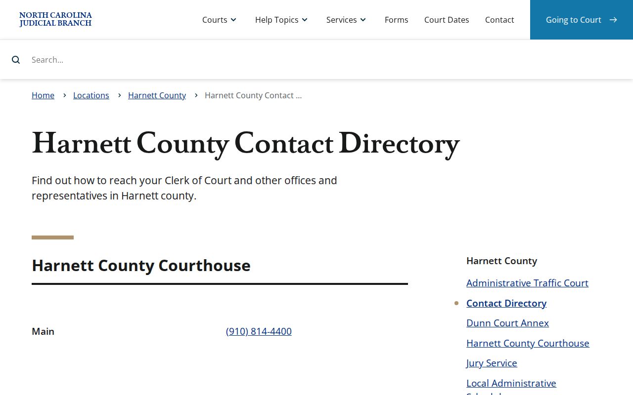 Harnett County court dates Judicial Branch clerk contact directory