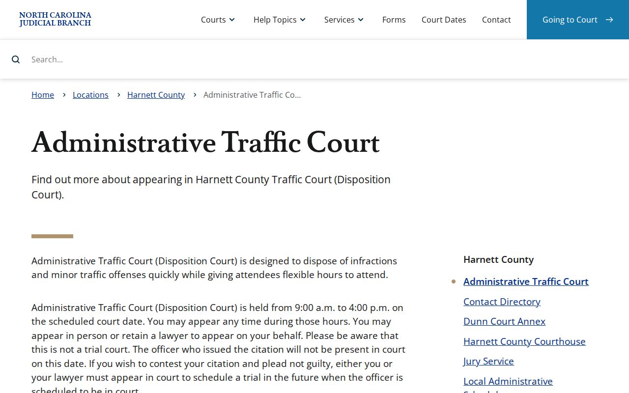 Harnett County court dates Administrative Traffic Court setting information