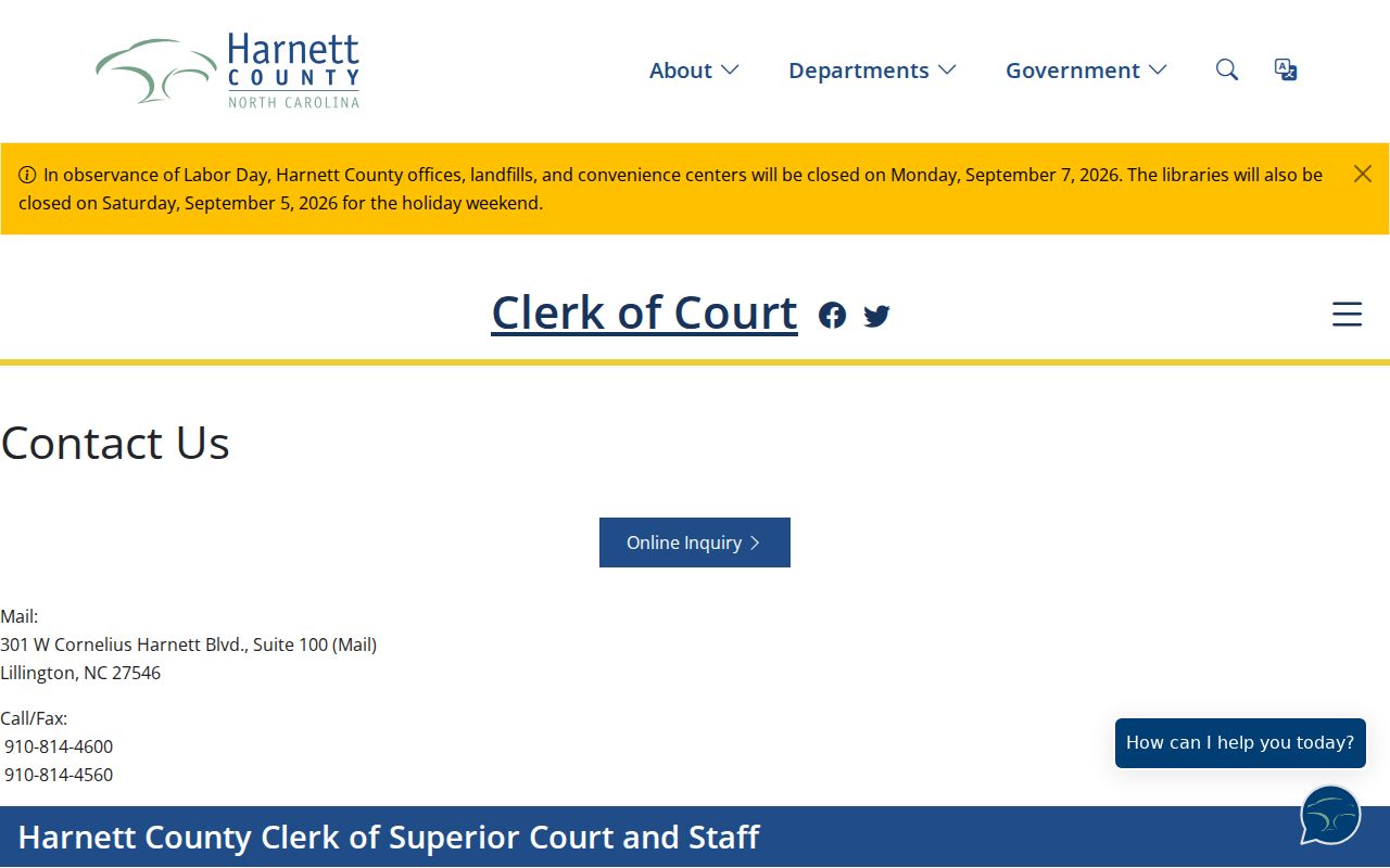 Harnett County court docket clerk contact directory