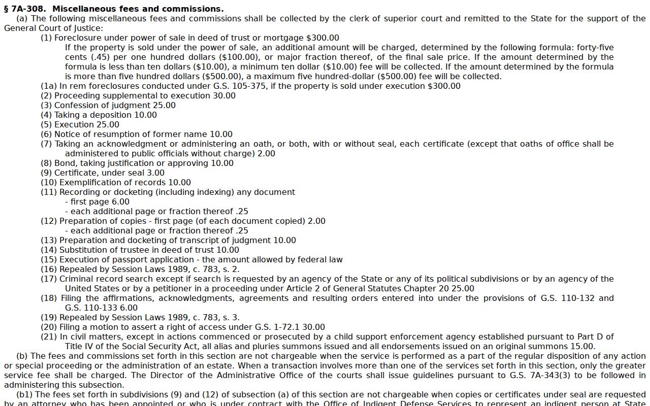 Harnett County traffic ticket court record copy and certificate fee statute